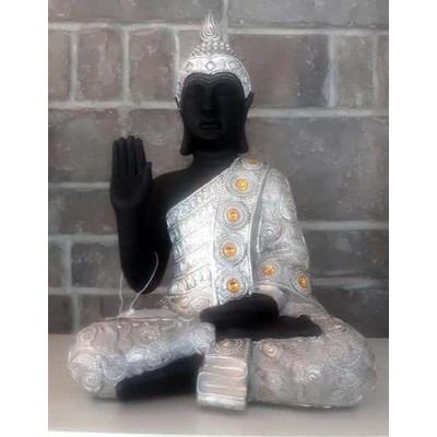 Grand Bouddha noir avec robe grise et pierre jaune